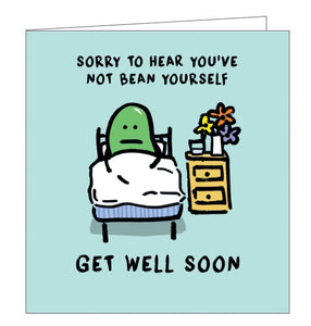 This cute get well soon card is decorated with a cartoon bean tucked up in a hospital bed. The text on the front of the card reads "Sorry to hear you've not bean yourself - get well soon".