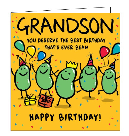 This birthday card for a special grandson is decorated with a cute illustration of a group of green beans having a party. The text on the front of the card reads 
