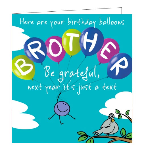 A bunch of large colourful balloons carry a smiley character up into a blue sky on this birthday card for a special brother. The text on the front of the cards reads “Here are your birthday balloons Brother, Be grateful, next year it's just a text.