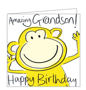  This cute birthday card for a special Grandson is decorated with a smiling cartoon monkey. The text on the front of the card reads "Amazing Grandson! Happy Birthday".