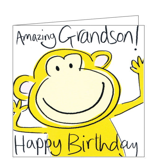  This cute birthday card for a special Grandson is decorated with a smiling cartoon monkey. The text on the front of the card reads 