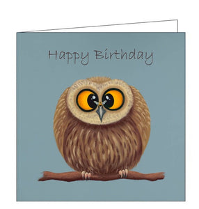 This birthday card features detail from an original pastel drawing by Lucy Pittaway showing a bee perched on an owl's beak. Text on the front of the card reads "Happy Birthday".