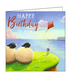 This birthday card features detail from an original pastel drawing by Lucy Pittaway showing two sheep flying a kite from a cliff, over the sea. The text on the front of the card reads "Happy Birthday to ewe".