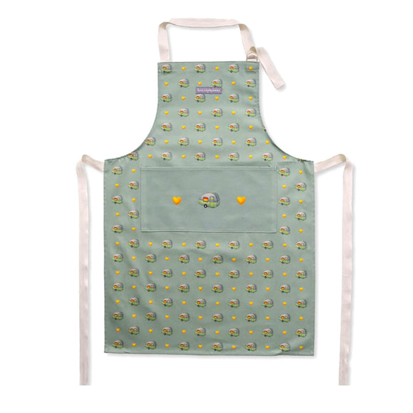 Featuring detail from Lucy Pittaway's wonderful artwork, Our Happy Place, this green cotton apron is covered with a tiny caravan and heart print. The apron has a useful pocket on the front, a coordinating waist tie and adjustable neck strap.