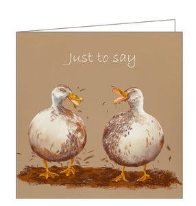 This wonderful greetings card features detail from an original pastel drawing by Lucy Pittaway showing a pair of ducks quacking at each other and paddling about in a muddy puddle.