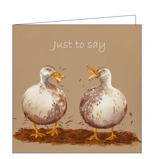 This wonderful greetings card features detail from an original pastel drawing by Lucy Pittaway showing a pair of ducks quacking at each other and paddling about in a muddy puddle.