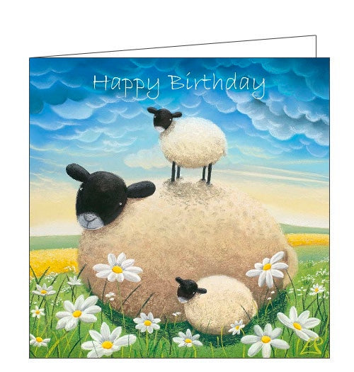 Ideal for twins, this birthday card features detail from an original pastel drawing by Lucy Pittaway showing two little lambs playing with their mother in a field of daisies.