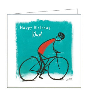 This birthday card features detail from an original pastel drawing by Lucy Pittaway showing a stick figure riding a bike. The text on the front of the card reads "Happy Birthday Dad".
