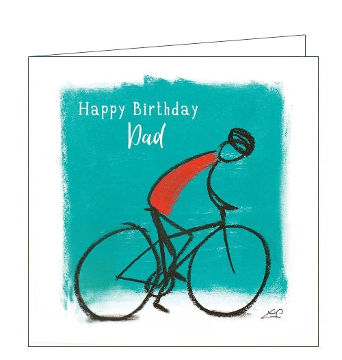This birthday card features detail from an original pastel drawing by Lucy Pittaway showing a stick figure riding a bike. The text on the front of the card reads 