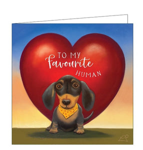 This lovely card features detail from an original pastel drawing by Lucy Pittaway showing a dachshund dog in front of a large red heart. The text on the front of the card reads "To my Favourite Human".