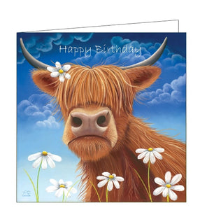 This birthday card features detail from an original pastel drawing by Lucy Pittaway showing a highland cow with daisies in her fringe. The text on the front of the card reads "Happy Birthday".