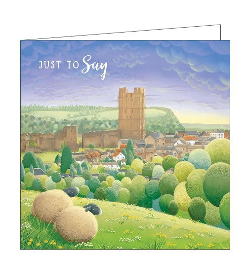 This card features detail from an original pastel drawing by Lucy Pittaway, showing two sheep looking from from a grassy hill towards the town of Richmond - where Lucy Pittaway's gallery can be found. Text on the front of the card reads 
