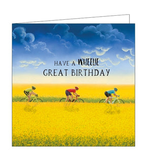 This wonderful greetings card features detail from an original pastel drawing by Tour de Yorkshire official artist Lucy Pittaway, showing three cyclists riding through the countryside, between fields of yellow flowers. The text on the front of the card reads "Have a WHEELIE great Birthday".