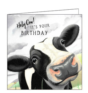 This birthday card features detail from an original pastel drawing by Lucy Pittaway showing a black and white dairy cow in close up. Text on the front of the card reads "Holy Cow! It's your Birthday".
