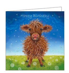 This birthday card features detail from an original pastel drawing by Lucy Pittaway showing a fluffy highland cow calf standing in a field of dandelion clocks. The text on the front of the card reads "Happy Birthday".