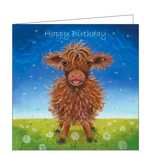 This birthday card features detail from an original pastel drawing by Lucy Pittaway showing a fluffy highland cow calf standing in a field of dandelion clocks. The text on the front of the card reads 