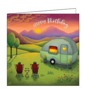 This birthday card features detail from an original pastel drawing by Lucy Pittaway showing a couple sitting in deckchairs, enjoying a beautiful sunset beside their cosy caravan. The text on the front of the card reads "Happy Birthday".