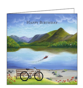 This birthday card features detail from an original pastel drawing by Lucy Pittaway showing a bike resting against a bench as a canoe is paddled across the lake, beneath a beautiful blue sky. The text on the front of the card reads "Happy Birthday".