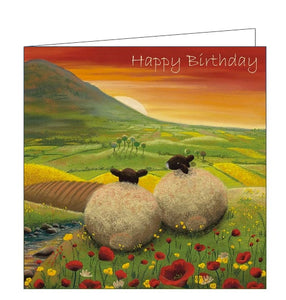This card features detail from an original pastel drawing by Lucy Pittaway, showing two sheep looking from from a grassy hill towards a red sunrise. Text on the front of the card reads "Happy Birthday"