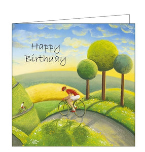 This birthday card shows detail from an original pastel drawing by Tour de Yorkshire artist Lucy Pittaway of a cyclist cresting a hill in the evening sunlight. The text in the front of the card reads "Happy Birthday".