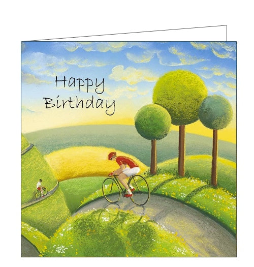 This birthday card shows detail from an original pastel drawing by Tour de Yorkshire artist Lucy Pittaway of a cyclist cresting a hill in the evening sunlight. The text in the front of the card reads 