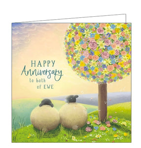 This lovely anniversary card features detail from an original pastel drawing by Lucy Pittaway showing a pair of sheep together under a tree blooming with pastel-coloured flowers. The text on the front of the card reads "Happy Anniversary to both of EWE"