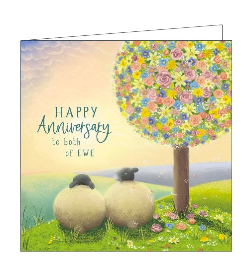 This lovely anniversary card features detail from an original pastel drawing by Lucy Pittaway showing a pair of sheep together under a tree blooming with pastel-coloured flowers. The text on the front of the card reads 