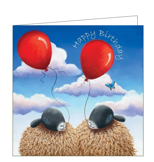 This lovely birthday card features detail from an original pastel drawing by Lucy Pittaway showing pair of sheep flying red balloons on a sunny day. The text on the front of the card reads 
