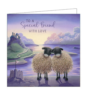 This lovely card features detail from an original pastel drawing by Lucy Pittaway showing two sheep at the beach with a purple sunset behind them. The text on the front of the card reads "To a Special Friend With Love".