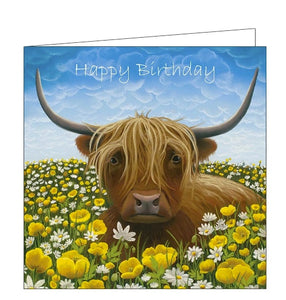 This birthday card features detail from an original pastel drawing by Lucy Pittaway showing a highland cow in a field of daisies and yellow tulips that are almost as tall as the cow! Text on the front of the card reads "Happy Birthday".
