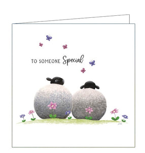 This lovely greetings card features detail from an original pastel drawing by Lucy Pittaway showing a pair of sheep - surrounded by butterflies and flowers. The text on the front of the card reads "To Someone Special".