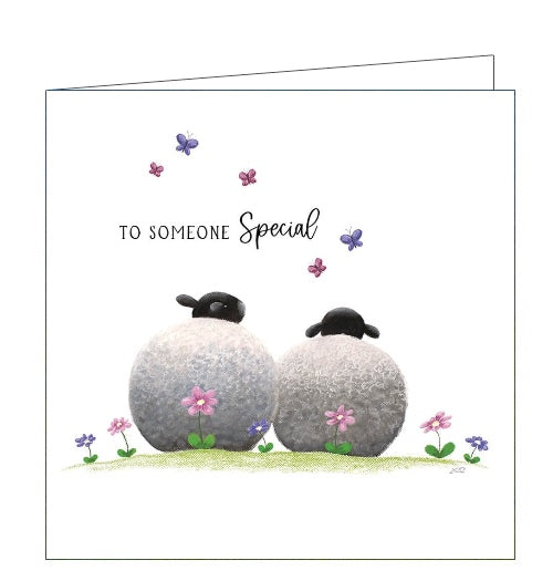 This lovely greetings card features detail from an original pastel drawing by Lucy Pittaway showing a pair of sheep - surrounded by butterflies and flowers. The text on the front of the card reads 