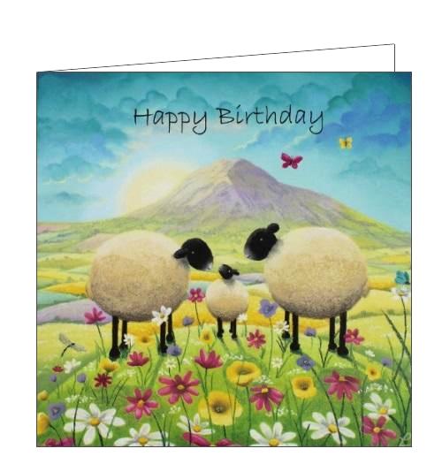 Featuring detail from and original pastel drawing by Lucy Pittaway, this birthday card shows a family of sheep in a field of flowers, with text above that reads 