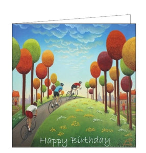 This wonderful birthday card features detail from an original pastel drawing by Tour de Yorkshire official artist Lucy Pittaway showing three cyclists cycling towards home through an avenue of richly-coloured trees Text on the front of the card reads "Happy Birthday.