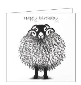 This birthday card features detail from an original black and white pastel drawing by Lucy Pittaway showing Swaledale Stan - a sheep with magnificent fleece and horns. Text on the front of the card reads "Happy Birthday".