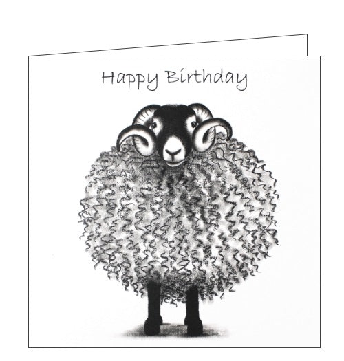 This birthday card features detail from an original black and white pastel drawing by Lucy Pittaway showing Swaledale Stan - a sheep with magnificent fleece and horns. Text on the front of the card reads 
