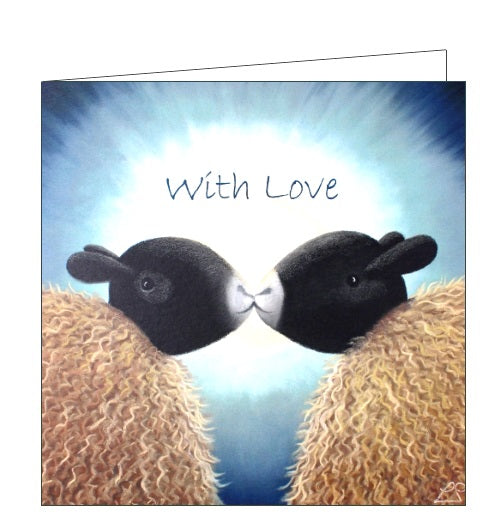 This card shows detail from an original pastel drawing by Lucy Pittaway of two sheep kissing.