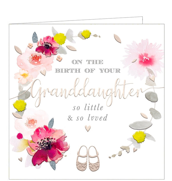 A lovely but simple new baby card for grandparents to celebrate their new grandchild. Silver script on the front of the card reads 