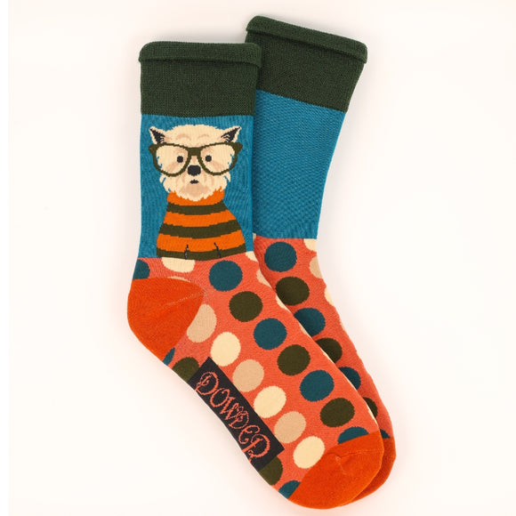 This pair of mens socks from fashion brand Powder are decorated with cute hipster westie dog wearing glasses and a striped jumper. These socks are knitted in a retro colour palette of blue, greens and pinks.