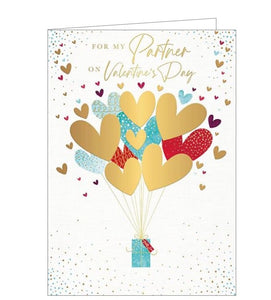 This lovely Valentine's day card for a special partner is decorated with a bunch of heart-shaped red, gold and green balloons tied to a gift box. Gold foil text on the front of the card reads "For My Perfect Partner on Valentine's Day".