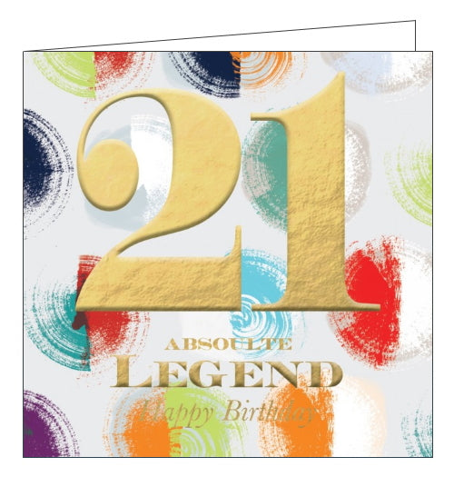 This striking 21st birthday card is decorated with a background of brightly coloured polka, overlaid with embossed gold text that reads 