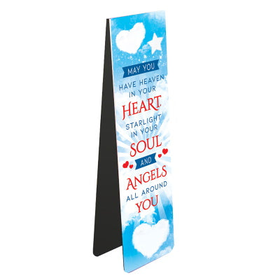 This magnetic bookmark is decorated with a background of bright blue skies and clouds. Text on the bookmark reads 