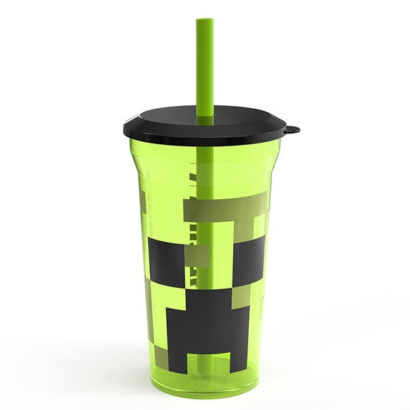 Calling all blockheads! This reusable Minecraft tumbler is decorated with a creeper face on one side and the minecraft logo on the reverse. With a contrasting black lid and reusable straw, this cup holds 14oz/400ml of your favourite non-carbonated drink.