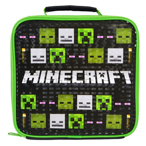 Calling all blockheads! Perfect for packed lunches and days out, this zipped, food safe, insulated lunch bag is decorated with a repeating pattern of creeper heads, skeleton heads and zombie skulls with the minecraft logo at the centre. The bag has a contrasting green handle and zip and space on the reverse to add your child's name.