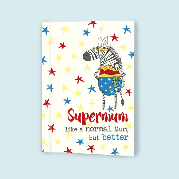 Perfect for keeping in a pocket or handbag, this softbacked A6 lined notebook is decorated with a zebra dressed in a wonder woman-style superhero costume. The text on the front of the note book reads 