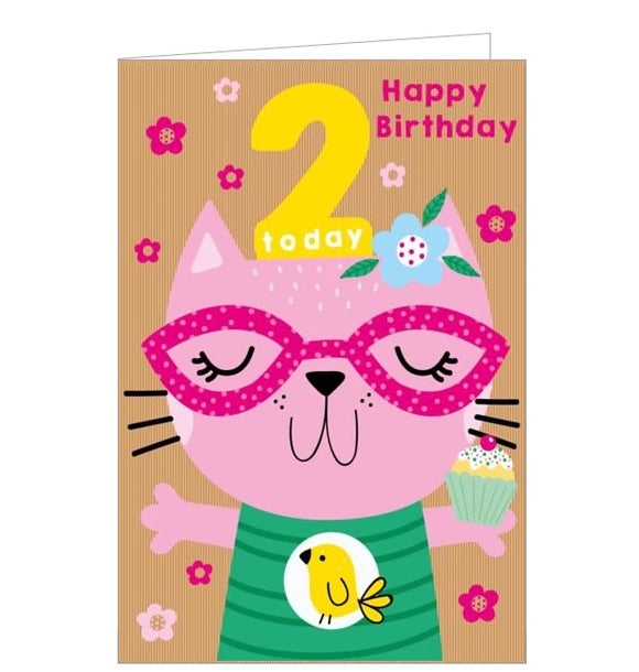 This 2nd birthday card is decorated with a pink cat wearing bright pink glasses balancing a yellow 2 on her head. The text on the front off the card reads 