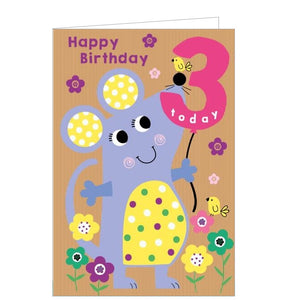 This 3rd birthday card is decorated with a cute purple mouse with yellow polka dot ears and belly holding a pink '3' shaped balloon. The text on the front off the card reads "3 Today...Happy Birthday"