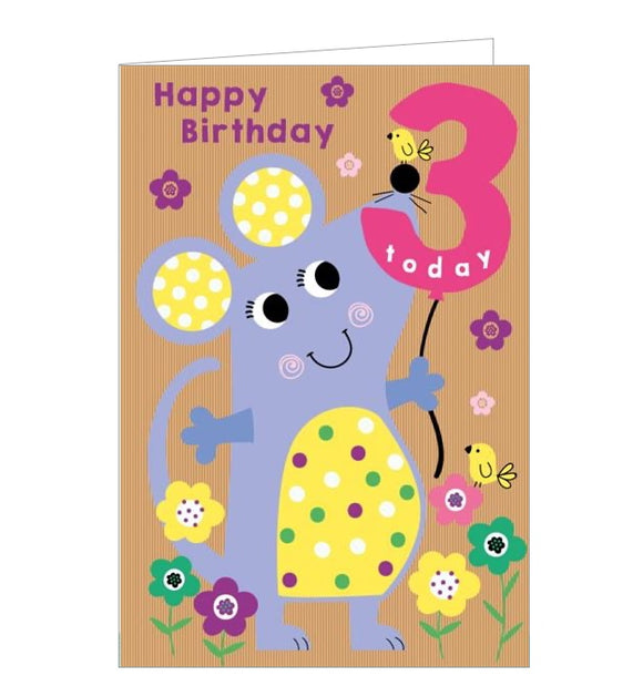 This 3rd birthday card is decorated with a cute purple mouse with yellow polka dot ears and belly holding a pink '3' shaped balloon. The text on the front off the card reads 