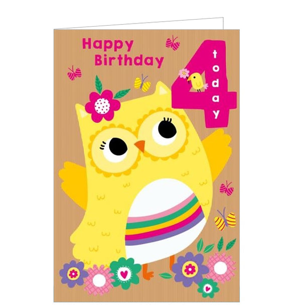 This 4th birthday card is decorated with a cute yellow owl with a rainbow across her tummy. The text on the front off the card reads 
