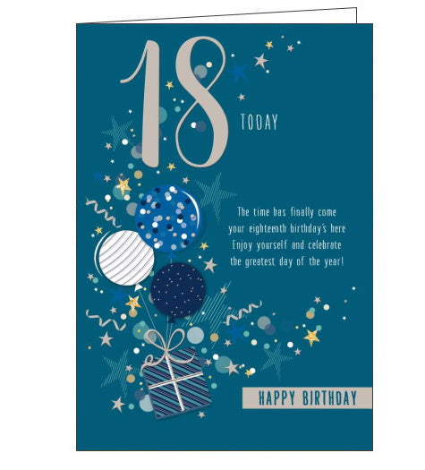 This 18th birthday card is decorated with a bunch of blue and silver balloons tied to a christmas gift. Text on the front of the card reads 